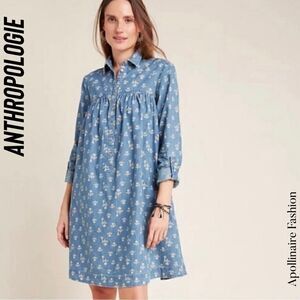 ANTHROPOLOGIE PILCRO FLORAL BLUE DENIM TUNIC DRESS SIZE 14 NWOT